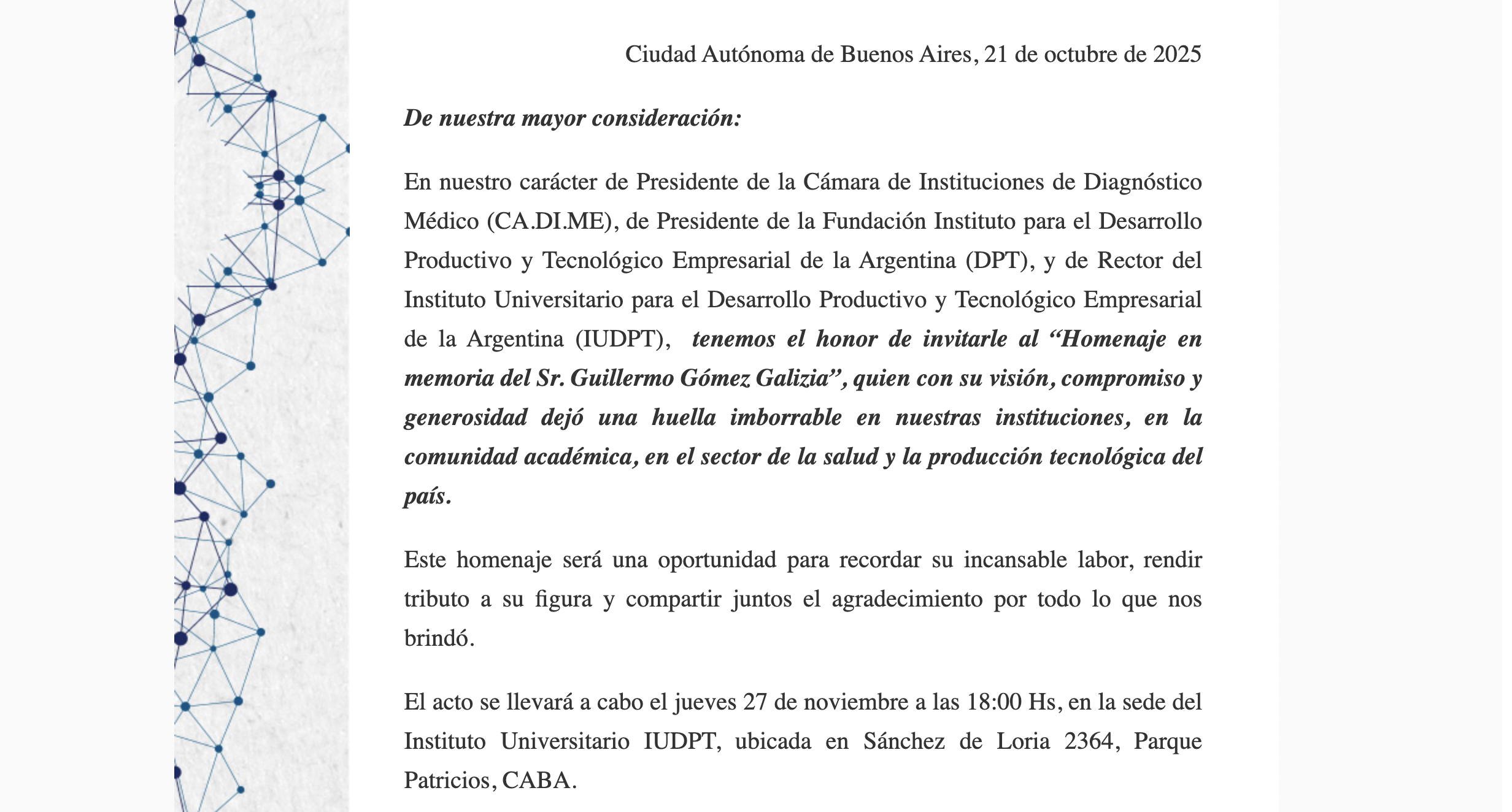 Invitación para el «Homenaje en memoria del Sr. Guillermo Gómez Galizia»