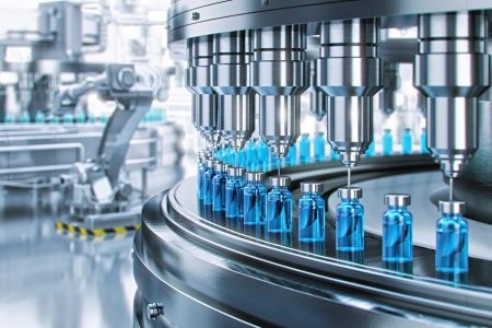 Drug,Manufacturing,Process.,Conveyor,With,Medical,Ampoules,Line,At,A